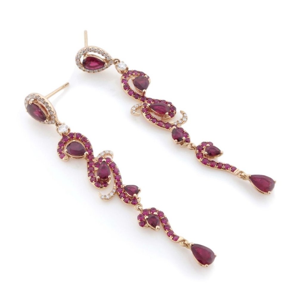 Ruby Drop Dangle 18k Rose Gold Intricate Earrings - image 4